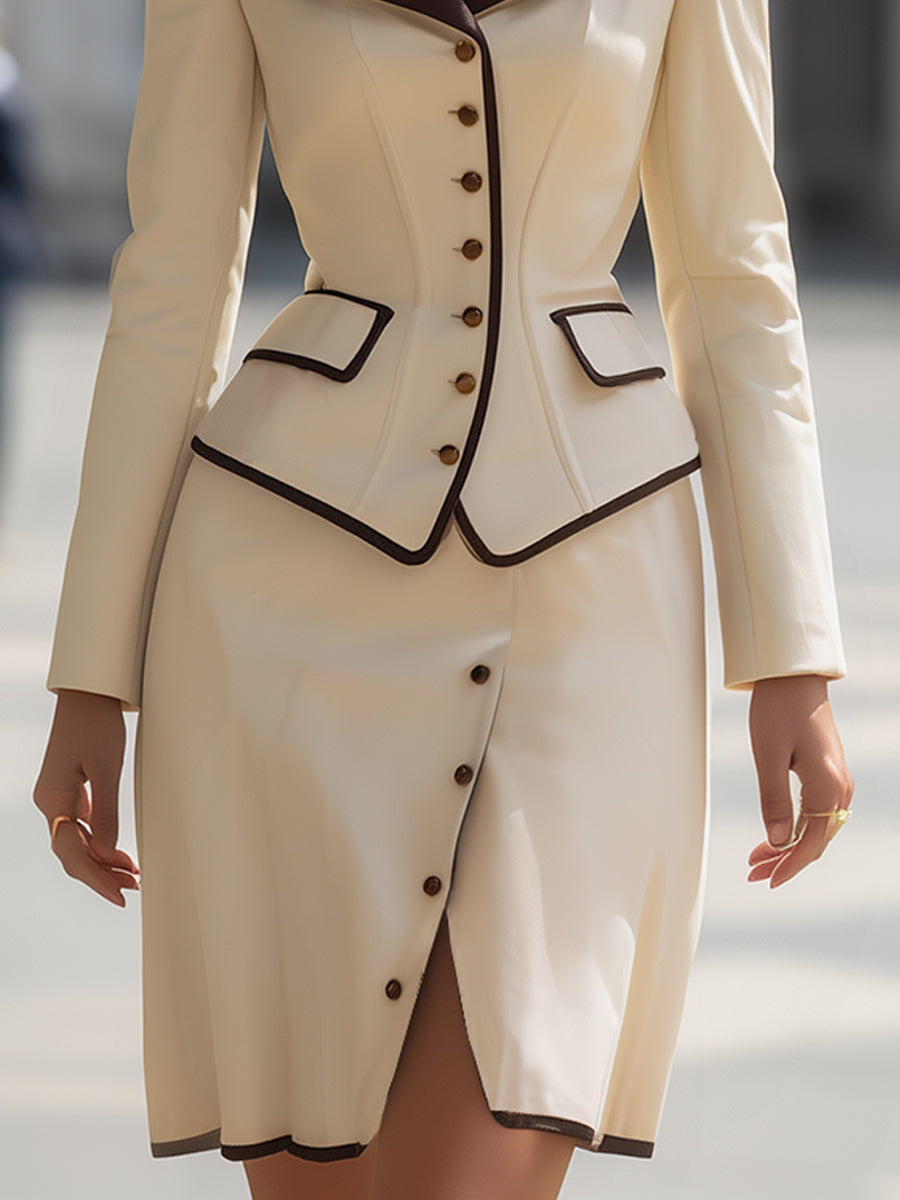 Elegant Off-Shoulder Contrast Trim Blazer Skirt Set