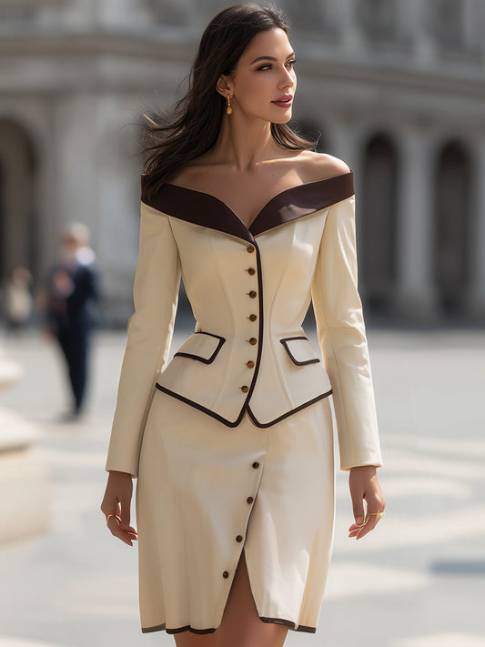 Elegant Off-Shoulder Contrast Trim Blazer Skirt Set