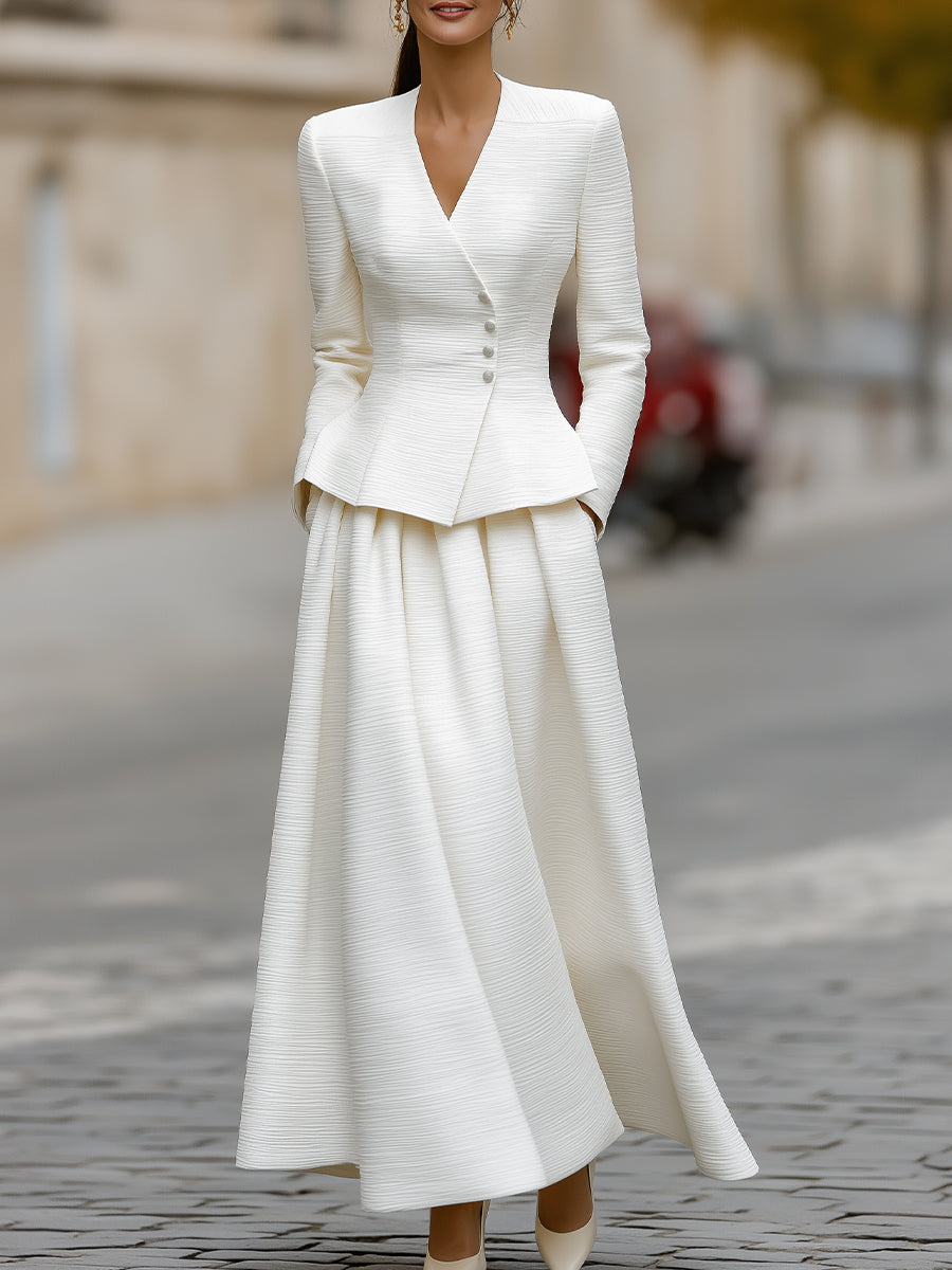 Elegant Textured Peplum Blazer & A-Line Maxi Skirt Set